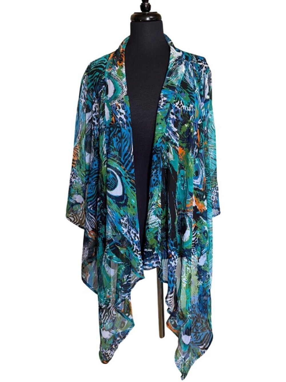 Women's Zury Open-Front Colorful Kimono w/Peacock Pattern Swim Cover-up ONE SIZE